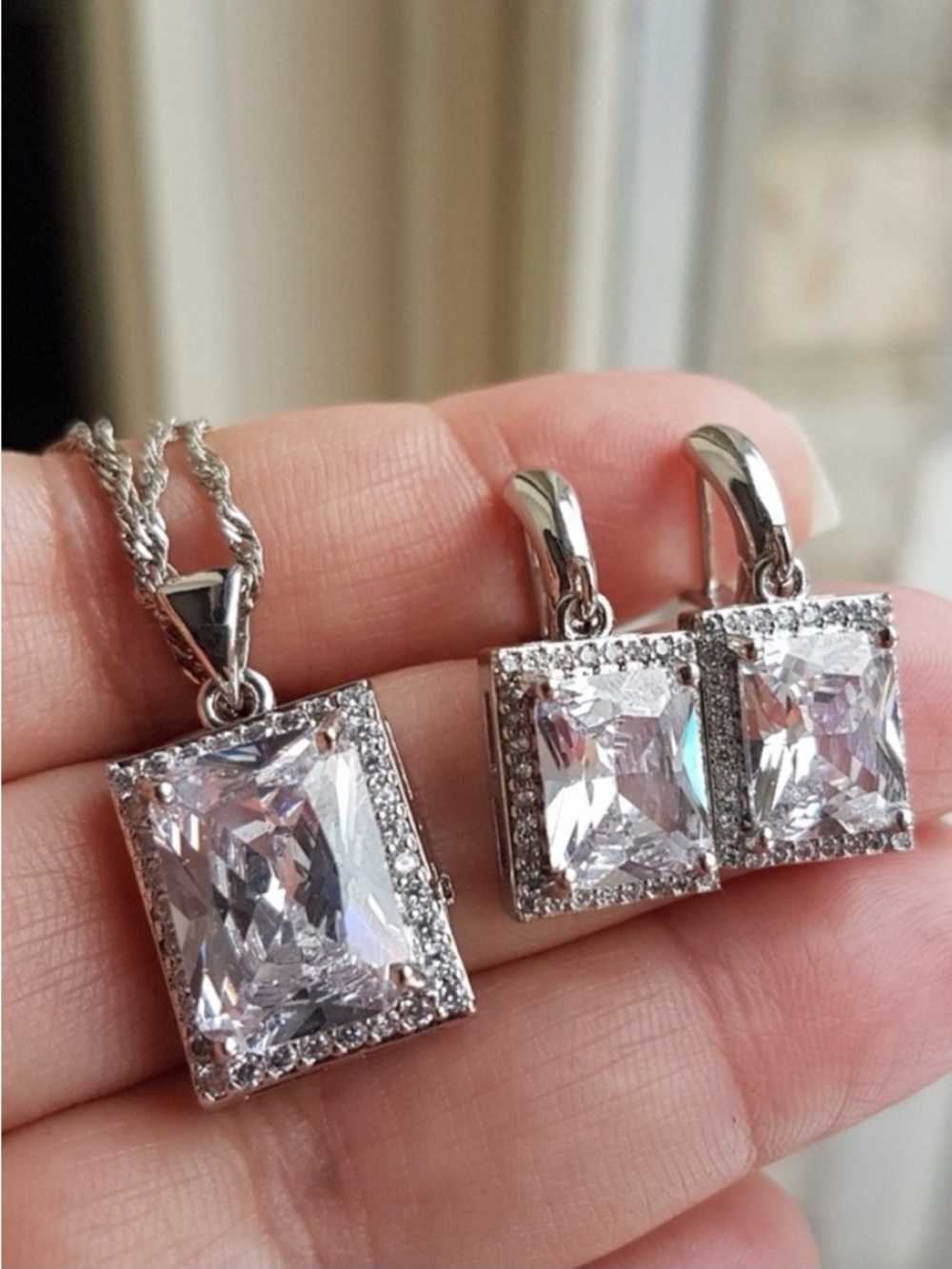 Swarovski Elements 925 Sterling Silver Clear Emerald-cut Halo Earrings NEW